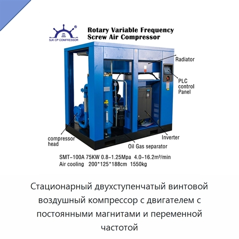 Стационарный двухступенчатый винтовой воздушный компрессор с двигателем с постоянными магнитами и переменной частотой