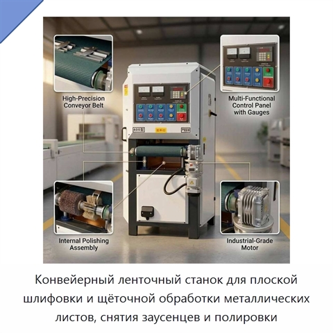Конвейерный ленточный станок для плоской шлифовки и щёточной обработки металлических листов, снятия заусенцев и полировки