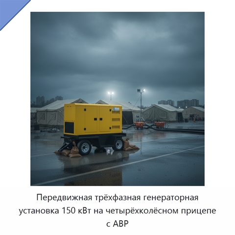 Передвижная трёхфазная генераторная установка 150 кВт на четырёхколёсном прицепе с АВР