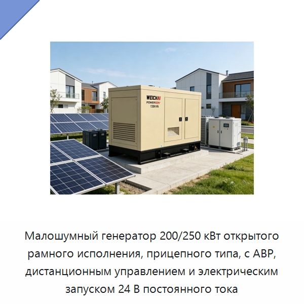 Малошумный генератор 200/250 кВт открытого рамного исполнения, прицепного типа, с АВР, дистанционным управлением и электрическим запуском 24 В постоянного тока — Дизельные генераторы
