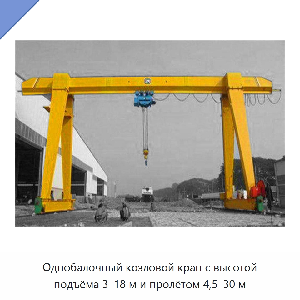 Однобалочный козловой кран с высотой подъёма 3–18 м и пролётом 4,5–30 м — Краны