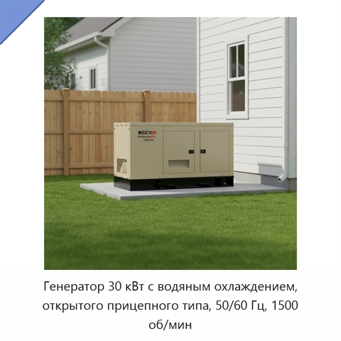 Генератор 30 кВт с водяным охлаждением, открытого прицепного типа, 50/60 Гц, 1500 об/мин
