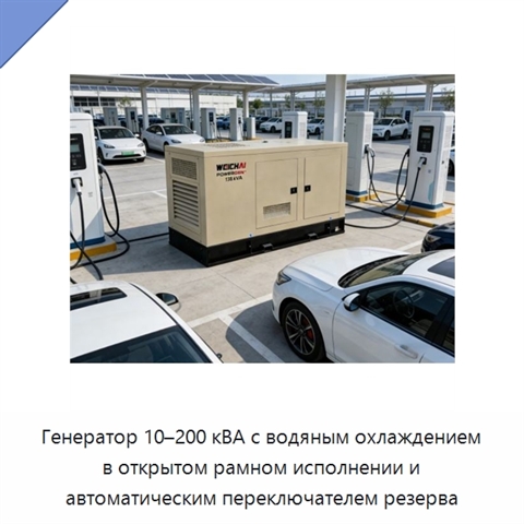 Генератор 10–200 кВА с водяным охлаждением в открытом рамном исполнении и автоматическим переключателем резерва