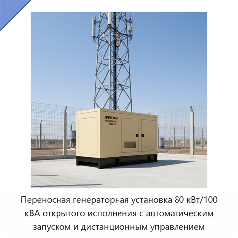 Переносная генераторная установка 80 кВт/100 кВА открытого исполнения с автоматическим запуском и дистанционным управлением