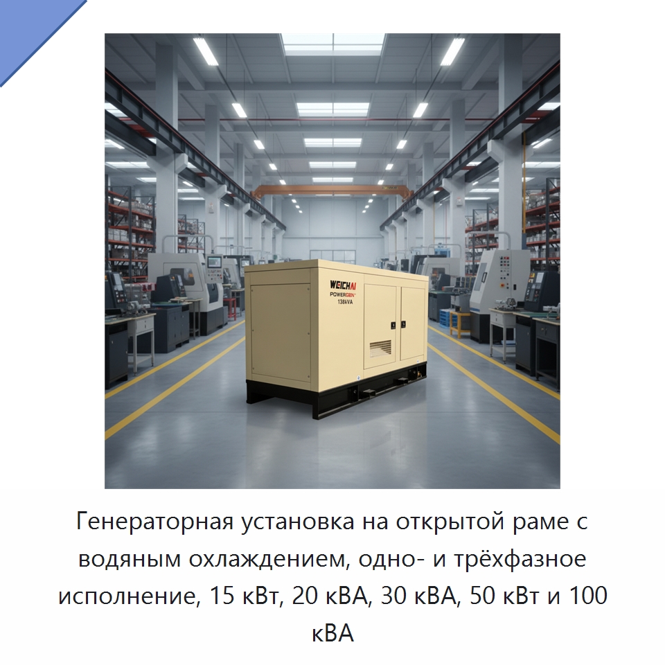 Генераторная установка на открытой раме с водяным охлаждением, одно- и трёхфазное исполнение, 15 кВт, 20 кВА, 30 кВА, 50 кВт и 100 кВА — Дизельные генераторы