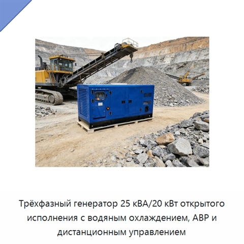 Трёхфазный генератор 25 кВА/20 кВт открытого исполнения с водяным охлаждением, АВР и дистанционным управлением