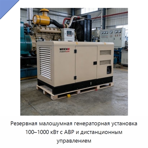 Резервная малошумная генераторная установка 100–1000 кВт с АВР и дистанционным управлением