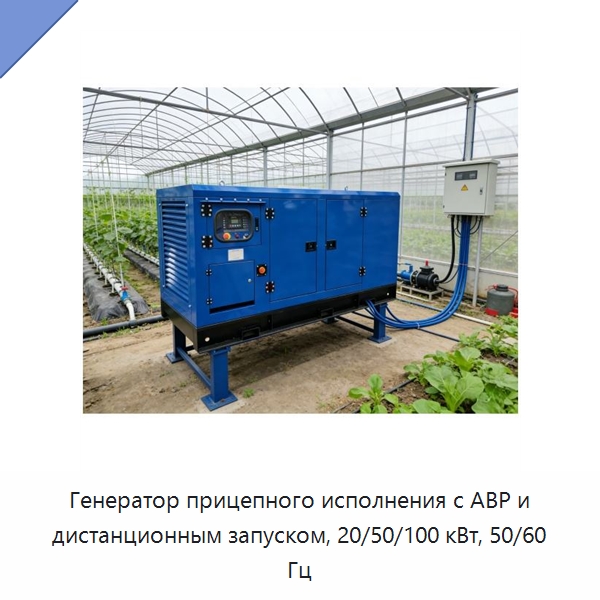 Генератор прицепного исполнения с АВР и дистанционным запуском, 20/50/100 кВт, 50/60 Гц — Дизельные генераторы