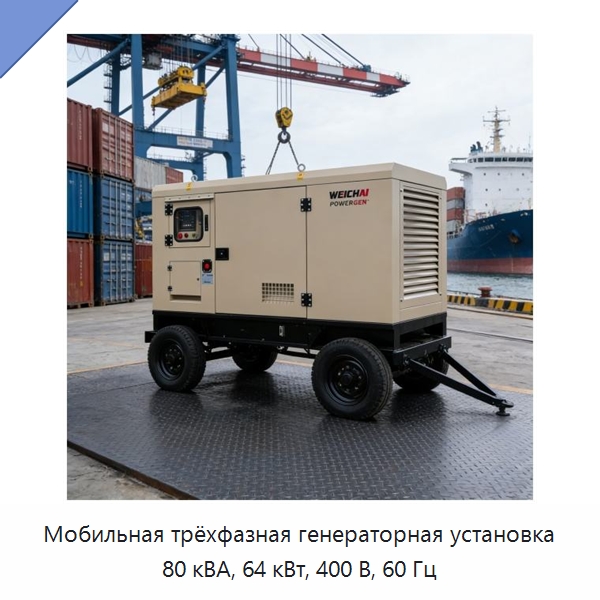 Мобильная трёхфазная генераторная установка 80 кВА, 64 кВт, 400 В, 60 Гц — Дизельные генераторы