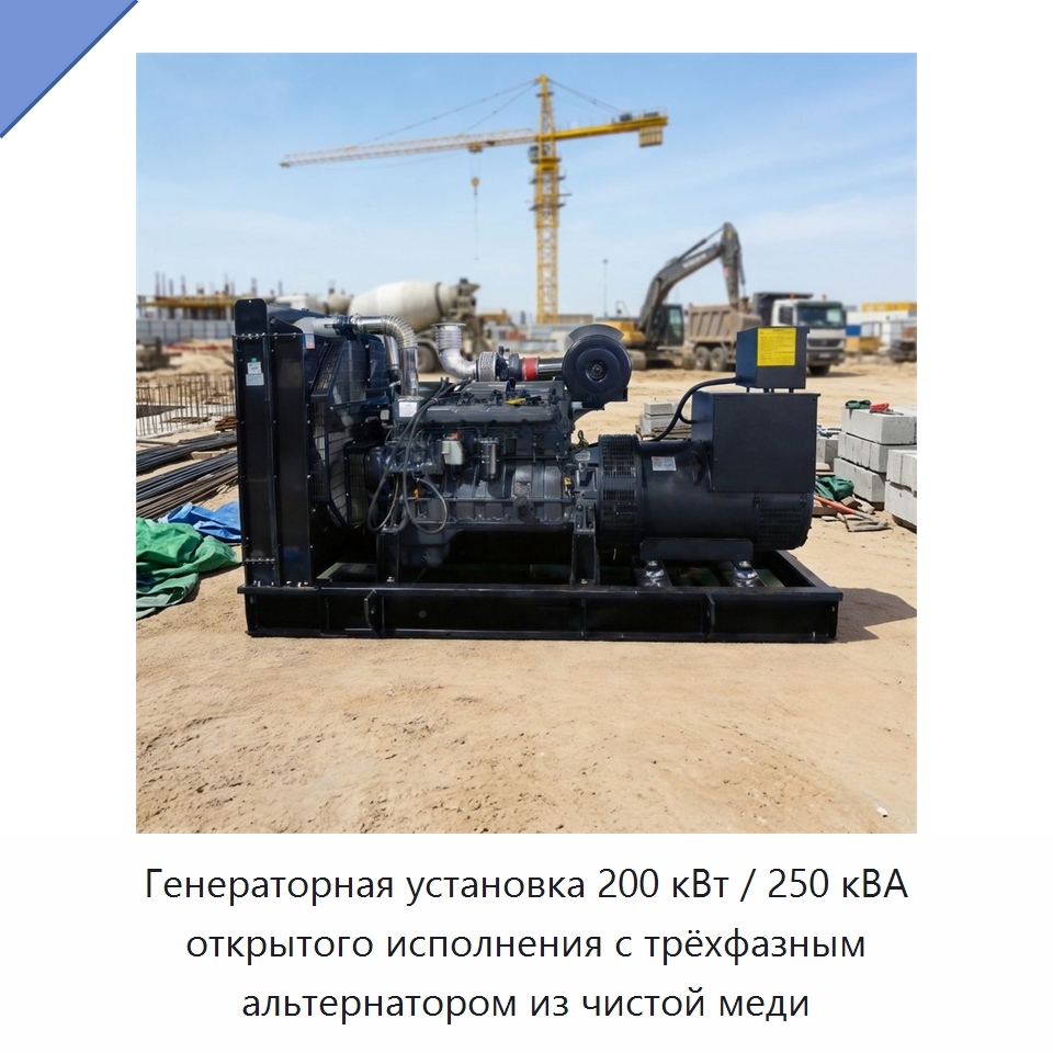 Генераторная установка 200 кВт / 250 кВА открытого исполнения с трёхфазным альтернатором из чистой меди — Дизельные генераторы