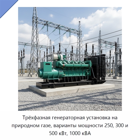 Трёхфазная генераторная установка на природном газе, варианты мощности 250, 300 и 500 кВт, 1000 кВА