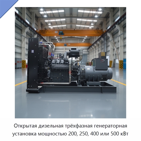 Открытая дизельная трёхфазная генераторная установка мощностью 200, 250, 400 или 500 кВт
