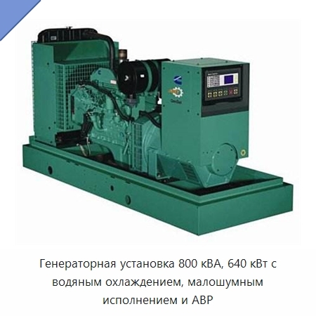 Генераторная установка 800 кВА, 640 кВт с водяным охлаждением, малошумным исполнением и АВР