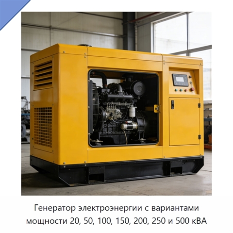 Генератор электроэнергии с вариантами мощности 20, 50, 100, 150, 200, 250 и 500 кВА