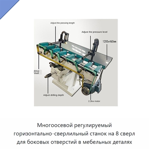 Многоосевой регулируемый горизонтально-сверлильный станок на 8 сверл для боковых отверстий в мебельных деталях