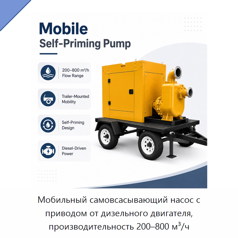 Мобильный самовсасывающий насос с приводом от дизельного двигателя, производительность 200–800 м³/ч — Специальные машины и промышленное оборудование