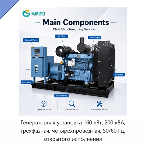 Генераторная установка 160 кВт, 200 кВА, трёхфазная, четырёхпроводная, 50/60 Гц, открытого исполнения