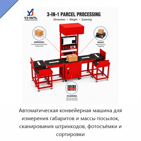 Автоматическая конвейерная машина для измерения габаритов и массы посылок, сканирования штрихкодов, фотосъёмки и сортировки