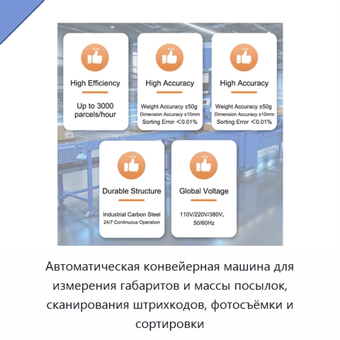 Автоматическая конвейерная машина для измерения габаритов и массы посылок, сканирования штрихкодов, фотосъёмки и сортировки