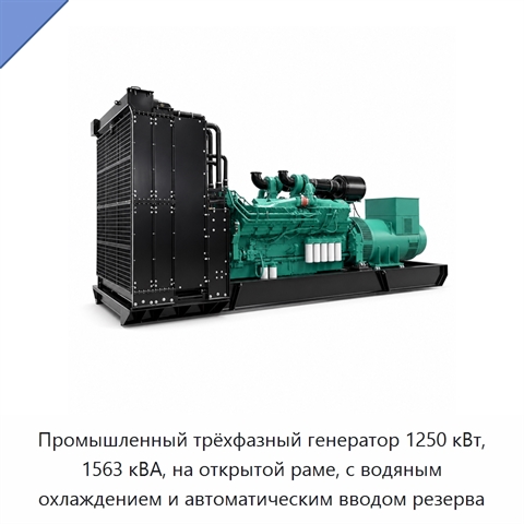 Промышленный трёхфазный генератор 1250 кВт, 1563 кВА, на открытой раме, с водяным охлаждением и автоматическим вводом резерва