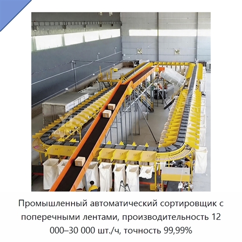 Промышленный автоматический сортировщик с поперечными лентами, производительность 12 000–30 000 шт./ч, точность 99,99%