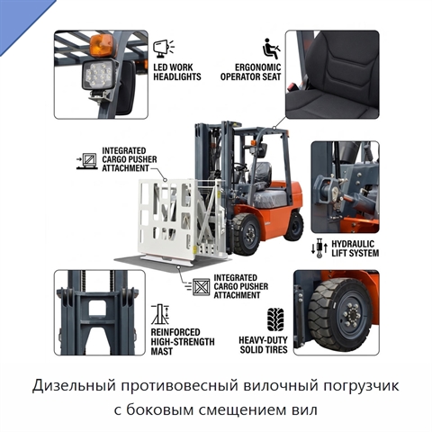 Дизельный противовесный вилочный погрузчик с боковым смещением вил