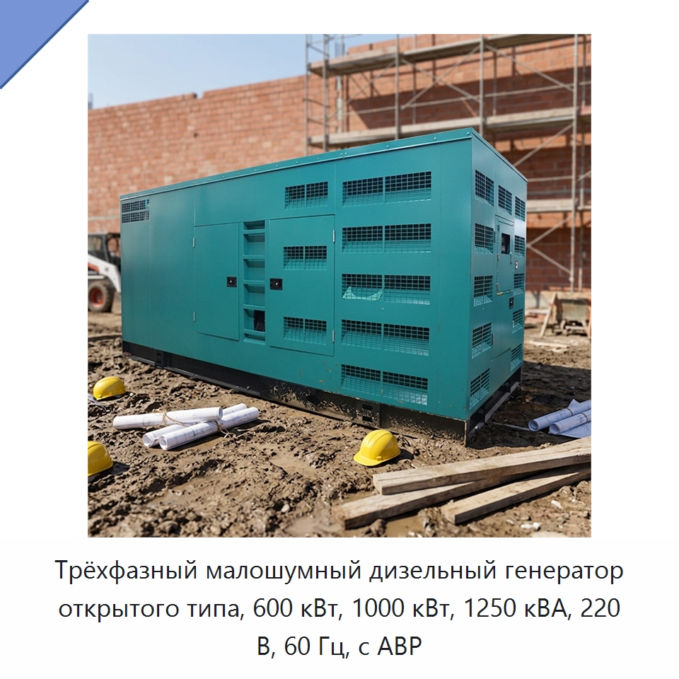 Трёхфазный малошумный дизельный генератор открытого типа, 600 кВт, 1000 кВт, 1250 кВА, 220 В, 60 Гц, с АВР — Дизельные генераторы