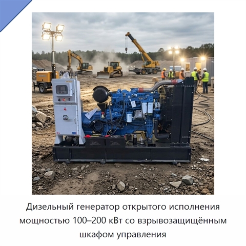 Дизельный генератор открытого исполнения мощностью 100–200 кВт со взрывозащищённым шкафом управления