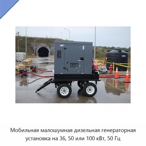 Мобильная малошумная дизельная генераторная установка на 36, 50 или 100 кВт, 50 Гц
