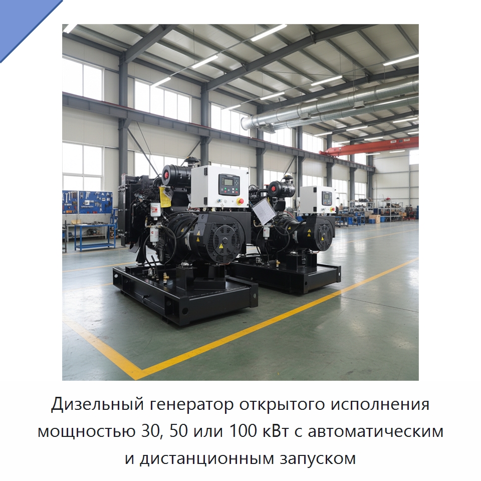 Дизельный генератор открытого исполнения мощностью 30, 50 или 100 кВт с автоматическим и дистанционным запуском — Дизельные генераторы