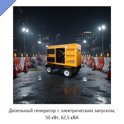 Дизельный генератор с электрическим запуском, 50 кВт, 62,5 кВА