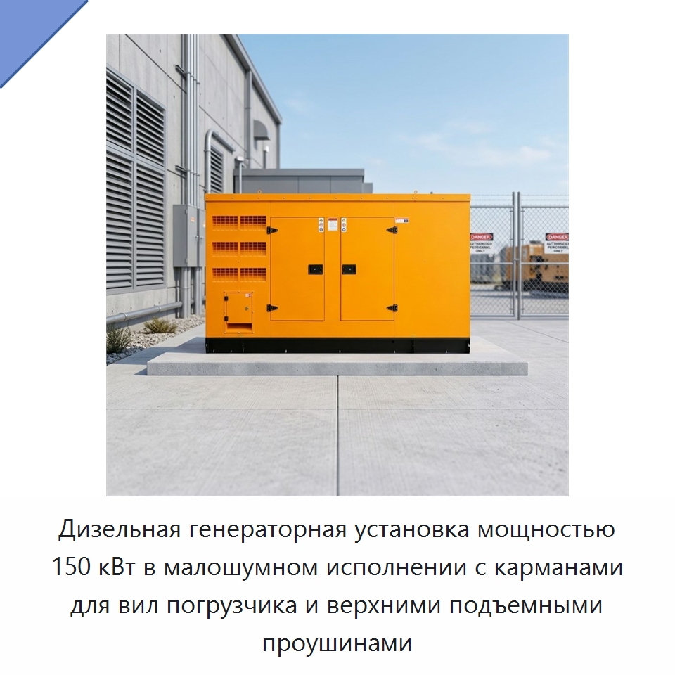 Дизельная генераторная установка мощностью 150 кВт в малошумном исполнении с карманами для вил погрузчика и верхними подъемными проушинами — Дизельные генераторы