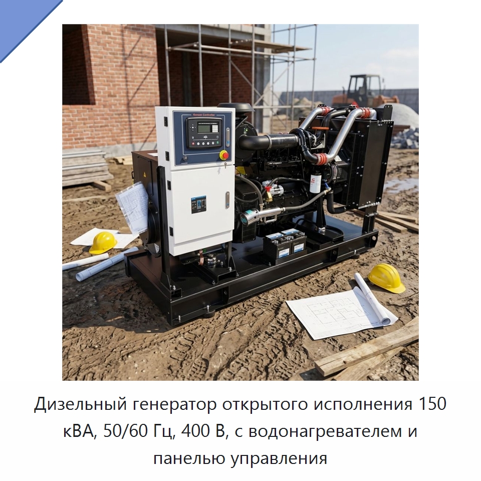 Дизельный генератор открытого исполнения 150 кВА, 50/60 Гц, 400 В, с водонагревателем и панелью управления — Дизельные генераторы