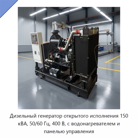 Дизельный генератор открытого исполнения 150 кВА, 50/60 Гц, 400 В, с водонагревателем и панелью управления