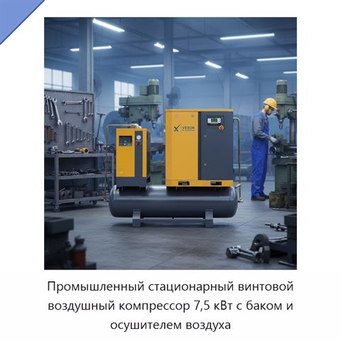 Промышленный стационарный винтовой воздушный компрессор 7,5 кВт с баком и осушителем воздуха
