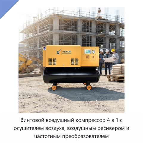 Винтовой воздушный компрессор 4 в 1 с осушителем воздуха, воздушным ресивером и частотным преобразователем