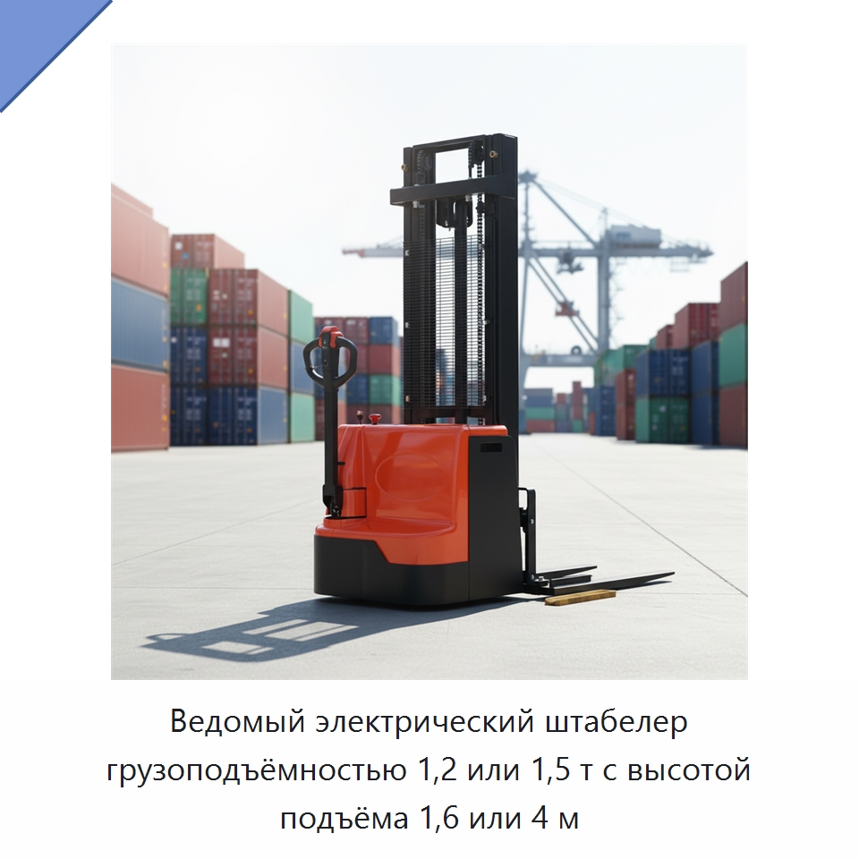 Ведомый электрический штабелер грузоподъёмностью 1,2 или 1,5 т с высотой подъёма 1,6 или 4 м — Вилочные погрузчики