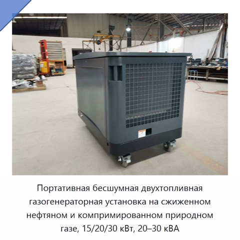 Портативная бесшумная двухтопливная газогенераторная установка на сжиженном нефтяном и компримированном природном газе, 15/20/30 кВт, 20–30 кВА