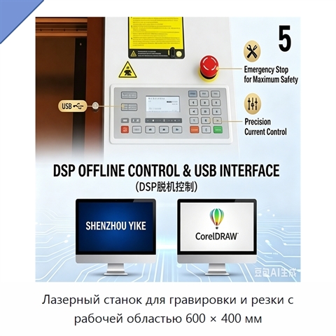 Лазерный станок для гравировки и резки с рабочей областью 600 × 400 мм