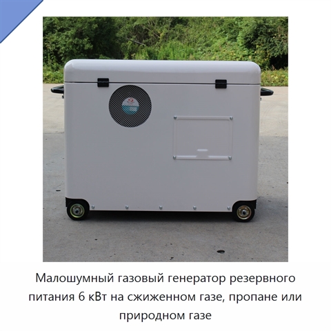 Малошумный газовый генератор резервного питания 6 кВт на сжиженном газе, пропане или природном газе