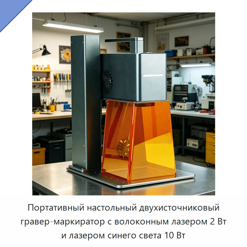 Портативный настольный двухисточниковый гравер-маркиратор с волоконным лазером 2 Вт и лазером синего света 10 Вт — Лазерные маркировочные станки