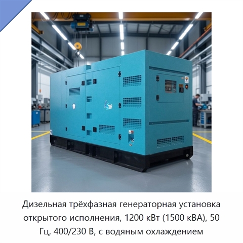 Дизельная трёхфазная генераторная установка открытого исполнения, 1200 кВт (1500 кВА), 50 Гц, 400/230 В, с водяным охлаждением