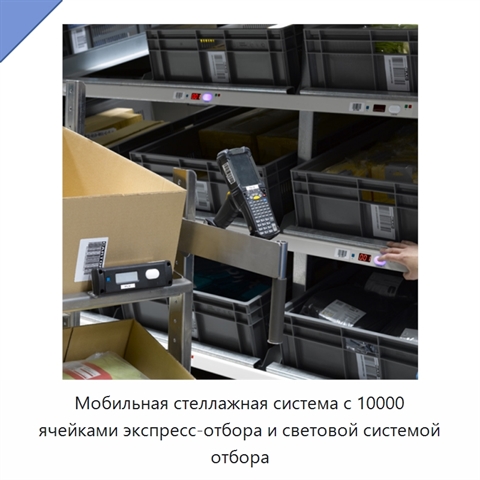 Мобильная стеллажная система с 10000 ячейками экспресс-отбора и световой системой отбора