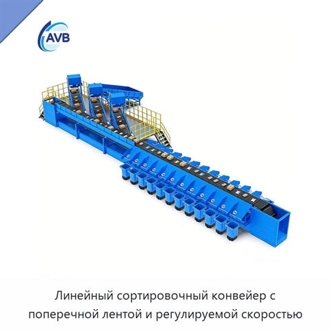Линейный сортировочный конвейер с поперечной лентой и регулируемой скоростью