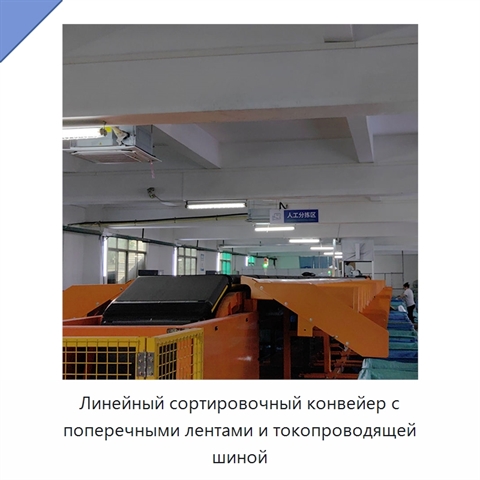 Линейный сортировочный конвейер с поперечными лентами и токопроводящей шиной