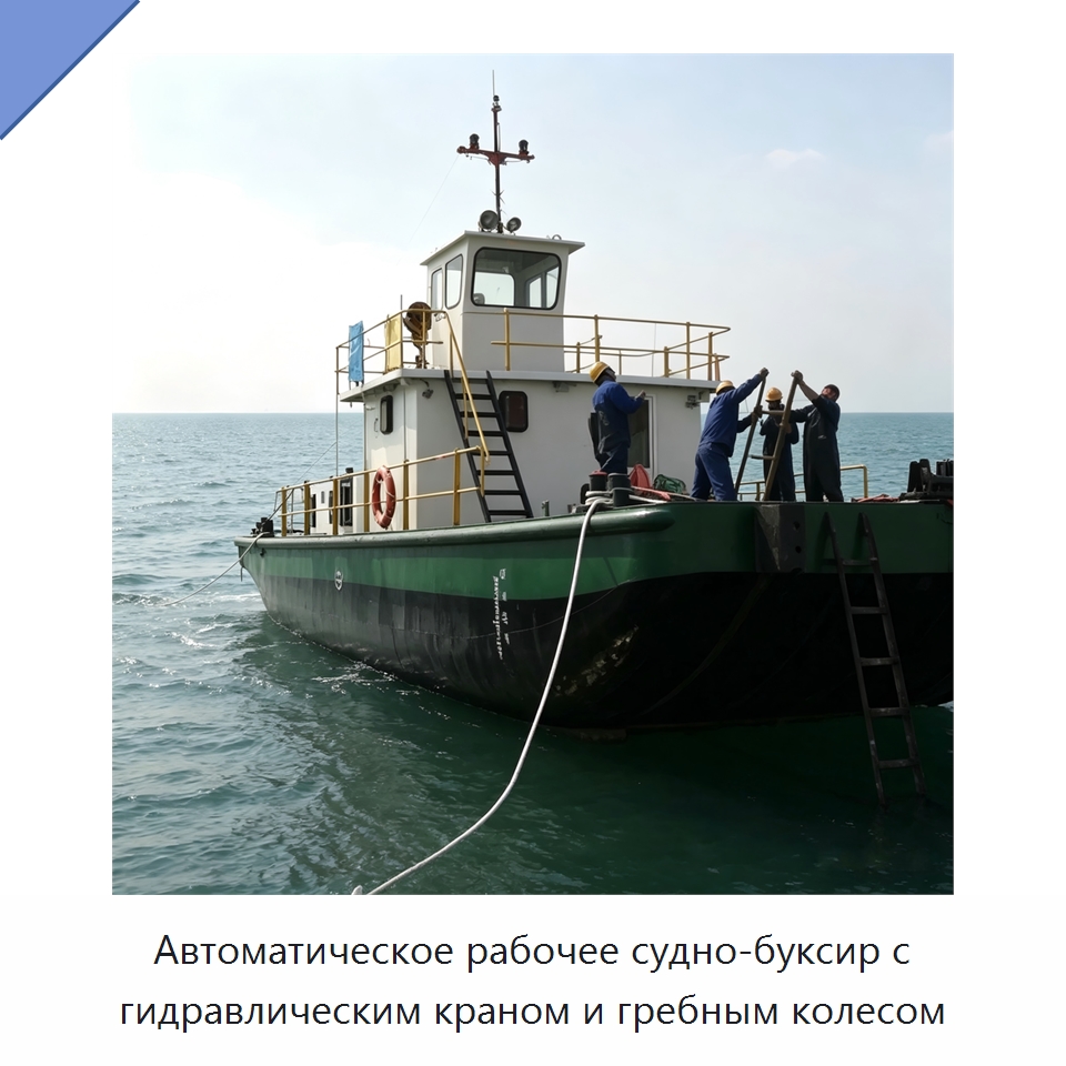Автоматическое рабочее судно-буксир с гидравлическим краном и гребным колесом — Комбайны