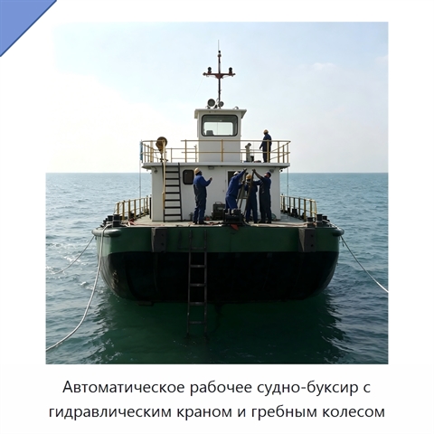 Автоматическое рабочее судно-буксир с гидравлическим краном и гребным колесом