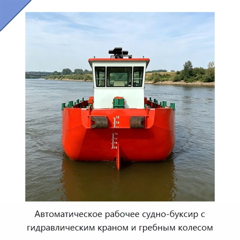 Автоматическое рабочее судно-буксир с гидравлическим краном и гребным колесом