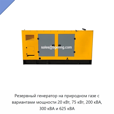 Резервный генератор на природном газе с вариантами мощности 20 кВт, 75 кВт, 200 кВА, 300 кВА и 625 кВА