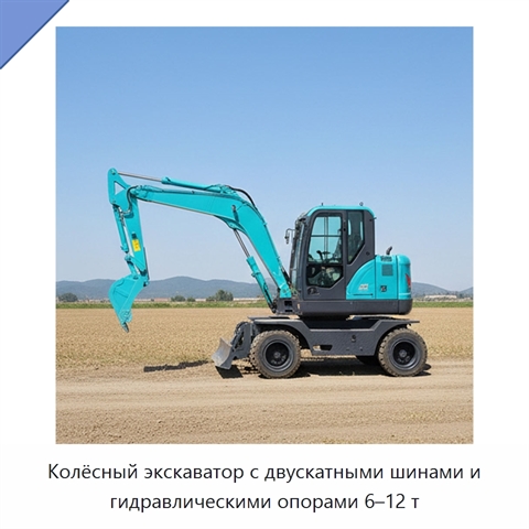 Колёсный экскаватор с двускатными шинами и гидравлическими опорами 6–12 т